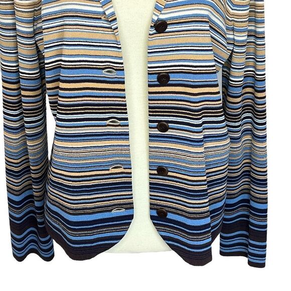 Vintage Jones New York Cardigan Sweater Button Front Size M Striped Blues Tan - Picture 6 of 10